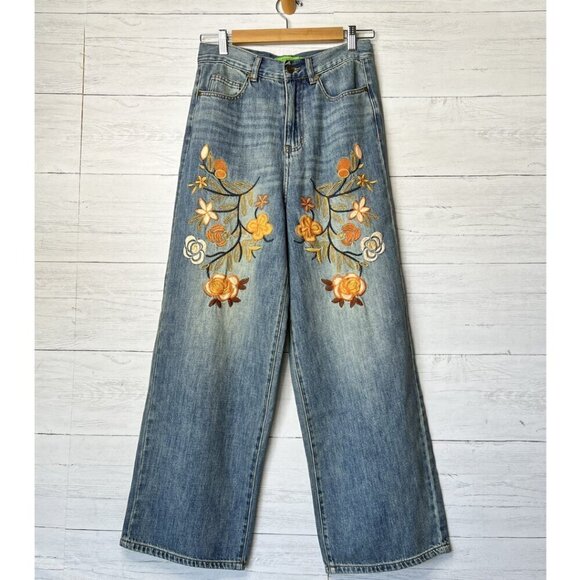 Sandrine Rose Denim - Sandrine Rose Jeans Womens Size 25 Floral Embroidered Wide Leg 100% Cotton